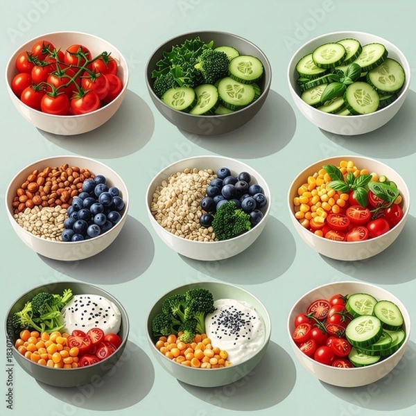 Fototapeta Vibrant assortment of healthy meal prep bowls with fresh vegetables, fruits, and grains, showcasing a concept of balanced nutrition and clean eating