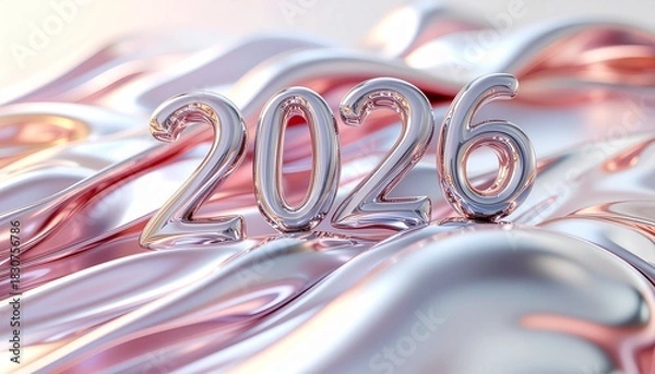 Fototapeta Shiny metallic foil numbers for the year 2026 on a luxurious rose gold silk fabric background for a festive celebration