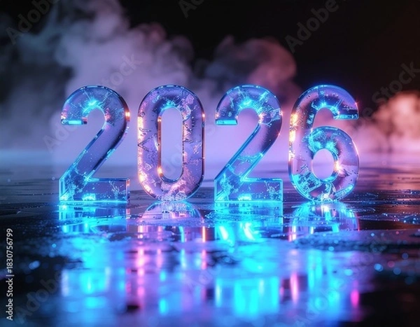 Fototapeta Futuristic concept of the New Year 2026 featuring glowing crystal numbers with vibrant blue and pink neon lights on a wet reflective surface