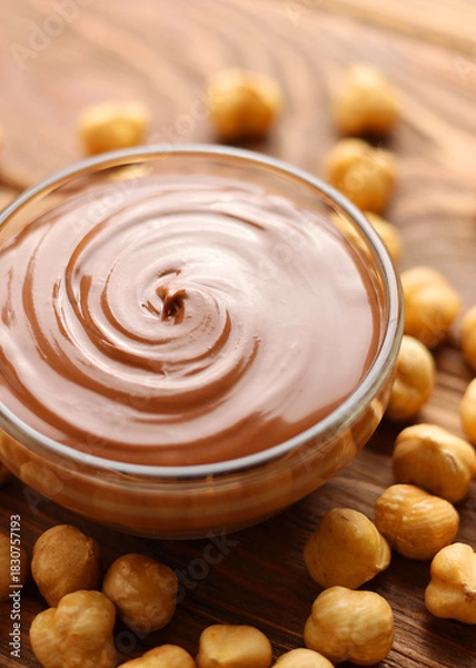 Obraz chocolate paste with a bowl on a table.  Vertical photo format