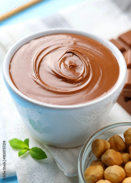 Obraz chocolate paste with a bowl on a table.  Vertical photo format