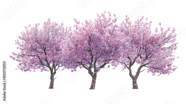 Obraz Three frost-covered plum blossom trees with pink flowers side by side on transparent background