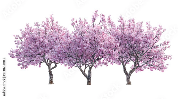 Obraz Three frost-covered plum blossom trees with pink flowers side by side on transparent background