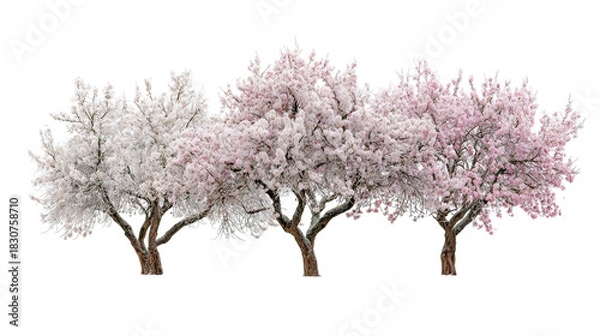 Obraz Three frosty almond blossom trees with white and pink flowers on transparent background