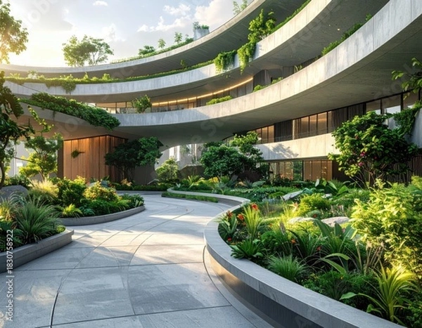 Fototapeta Modern, curved building with rooftop garden and stone path