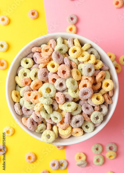 Obraz Vertical photo format.Multicolored corn rings for breakfast on a colored background