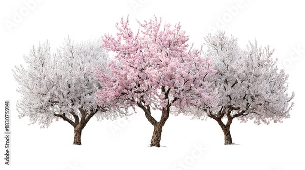 Obraz Three frosty almond blossom trees with white and pink flowers on transparent background