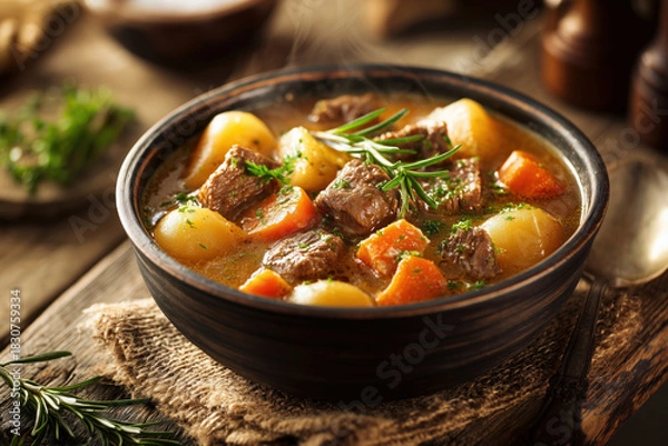 Fototapeta rustic and hearty beef stew with potatoes and carrots served in a dark bowl on a farmhouse wooden table with steam rising