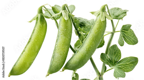 Obraz Three green pea plants side by side with pods on transparent background