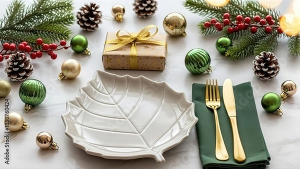 Fototapeta Elegant christmas table setting with leaf plate and festive decor