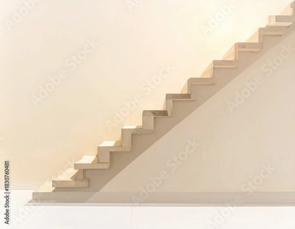 Fototapeta Minimalist stairwell with light wooden steps on soft wall