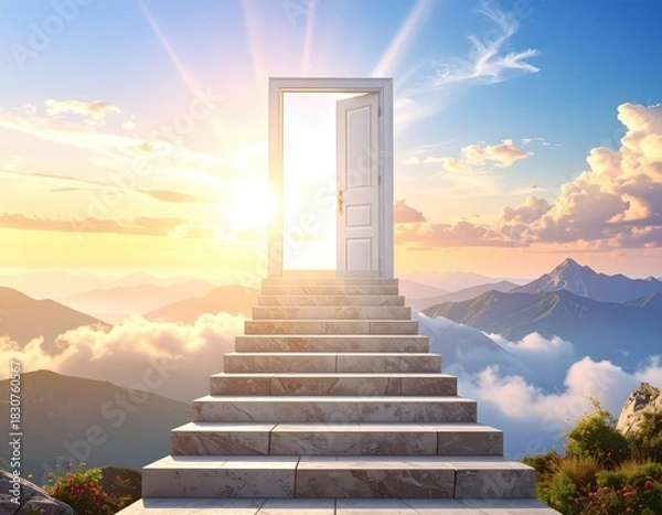 Fototapeta Stairway to open door, sun shining, clouds and mountains