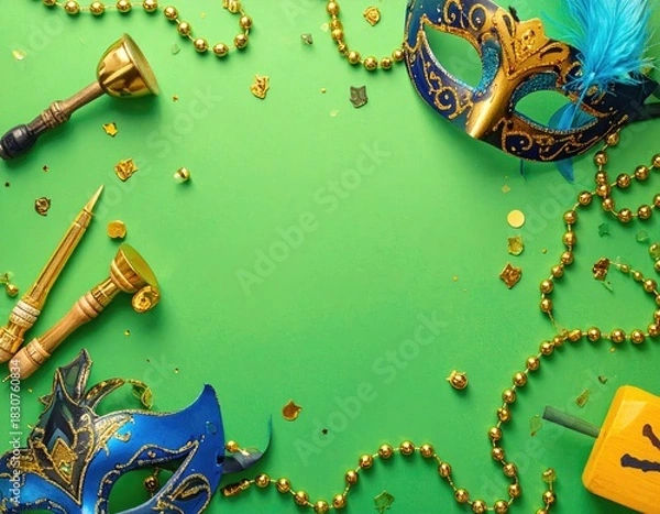 Fototapeta Mardi Gras layout masks, beads, noisemakers on green