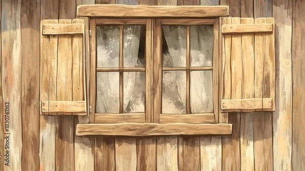 Obraz Wooden window with shutters on a weathered cabin wall
