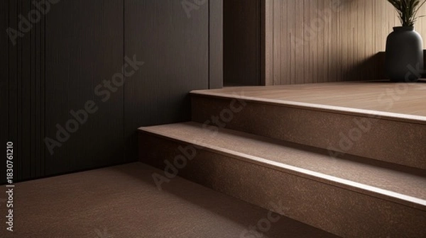 Fototapeta Modern, minimalist stairway with warm-toned, textured flooring and dark walls