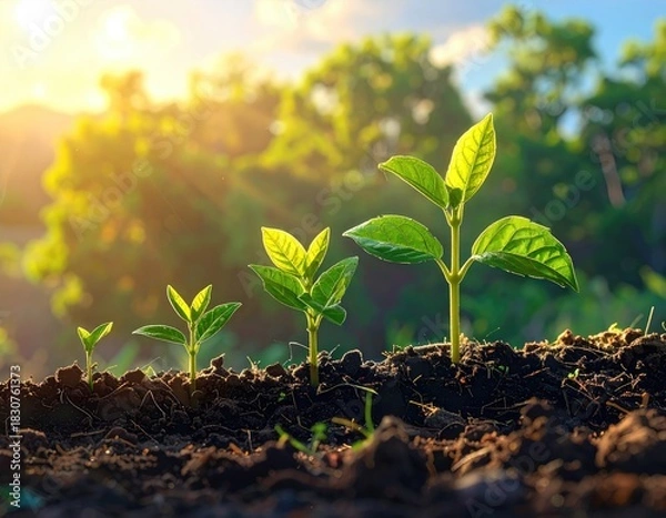 Fototapeta Growing seedlings in soil against sunlit trees