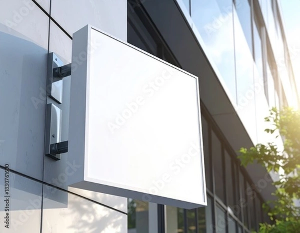 Fototapeta Blank sign mockup on modern building, sunlight