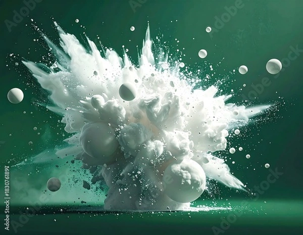 Fototapeta Cloud explosion of white spheres on emerald surface