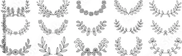 Fototapeta Botanical wreath icons, floral leaf branches, decorative nature frames, vector design, elegant elements, wedding graphics, pastel style, minimal layout, art motif