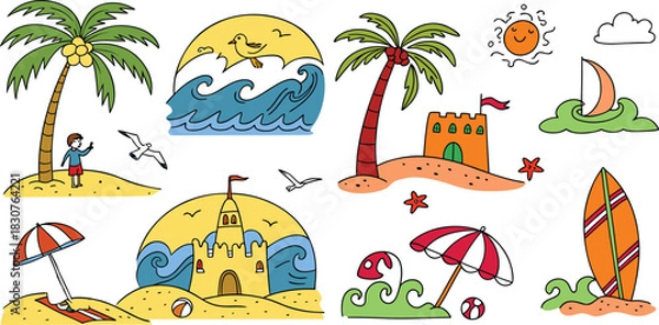 Obraz Hand-drawn doodle beach and surf icon vector set with tropical elements like palm trees, waves, surfboards, and sun. Perfect for summer designs, t-shirts, posters, and coastal branding.