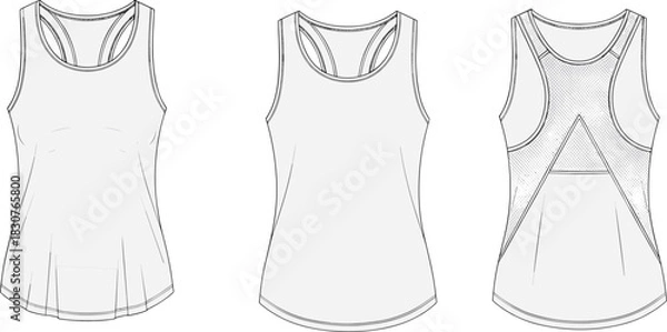Fototapeta Athletic top sketch, front and back views, scoop neckline, racerback, mesh panel, pocket detail, fashion flat, garment construction, activewear design