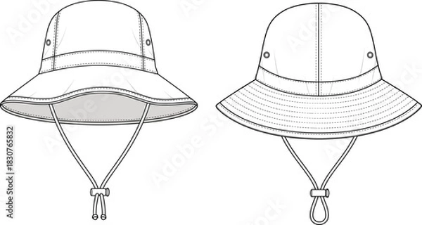 Fototapeta Bucket hat front view, wide brim, chin strap, adjustable toggle, stitched brim, ventilation eyelets, technical fashion sketch, design variation