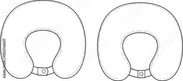 Fototapeta Travel neck pillow sketch, U-shape design, button strap closure, ergonomic support, stitched detail, fashion flat, comfort accessory, product illustration