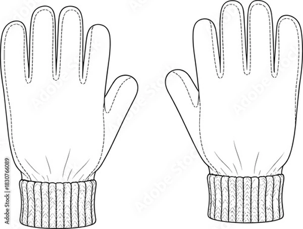Fototapeta Winter gloves technical sketch, palm view, ribbed cuff, five-finger design, stitching detail, fashion flat, garment construction, apparel illustration