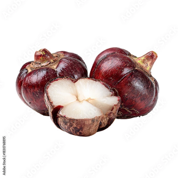 Fototapeta Three dark-red fruits, one sliced, showing white interior