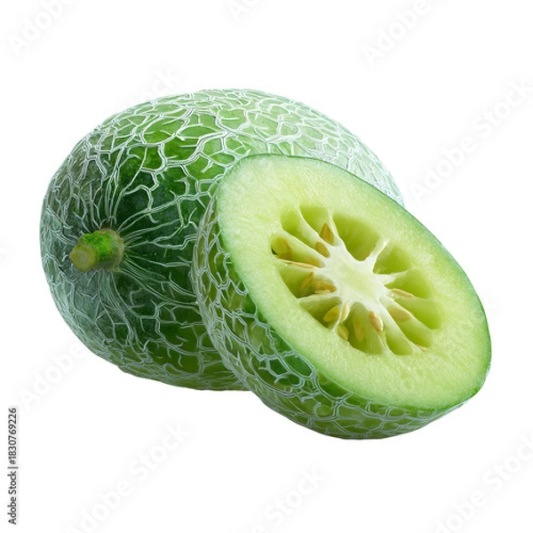 Fototapeta Green melon, whole and sliced, with netted skin