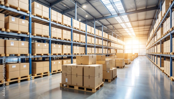Obraz Warehouse Interior with Stacked Boxes and Sunlight