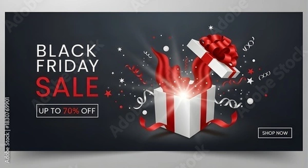 Fototapeta Black friday sale promotion with gift box and red ribbon on a dark background