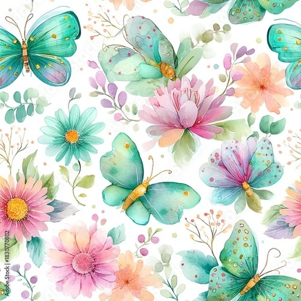 Obraz Colorful butterflies and flowers create a vibrant, joyful pattern.