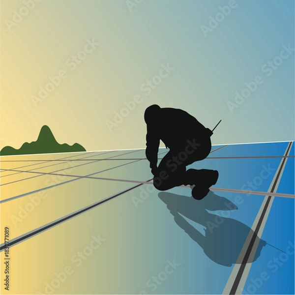 Fototapeta Green energy is harnessed by solar panel , silhouette of engineer working on solar panel against the blue sky at sunset vector illustration.	
