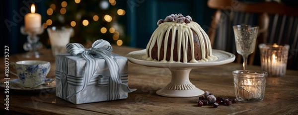 Obraz Christmas Pudding with White Icing on Festive Table