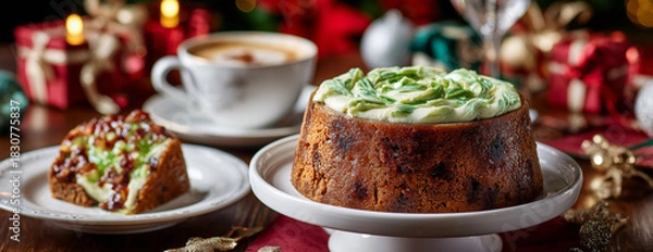 Obraz Christmas Pudding with Green Frosting on Festive Table