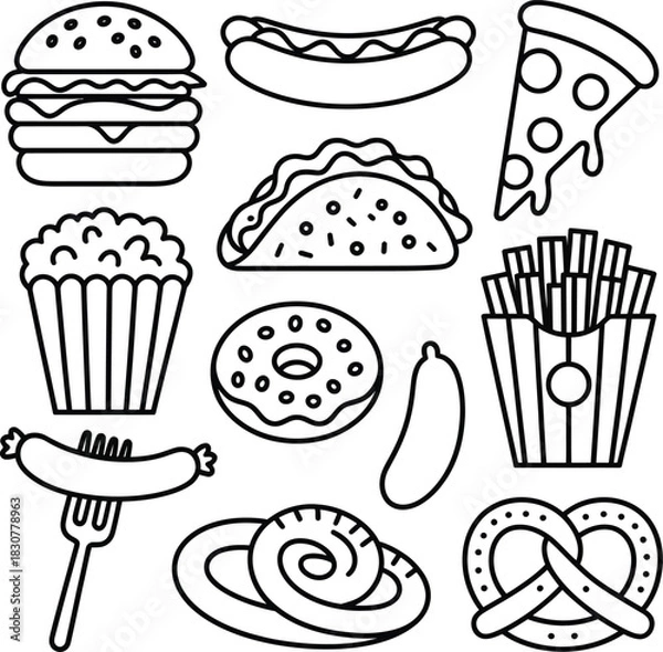 Fototapeta Outline doodle icons collection of popular fast food and snack
