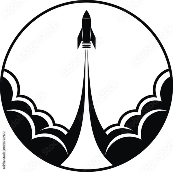Fototapeta Rocket launch icon with smoke from blastoff in a circular frame