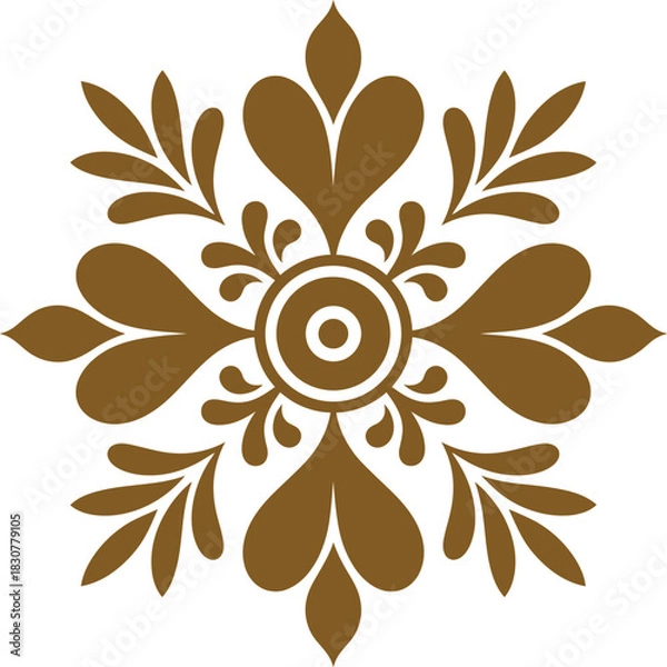 Fototapeta Symmetrical ornate floral decorative element in brown on white
