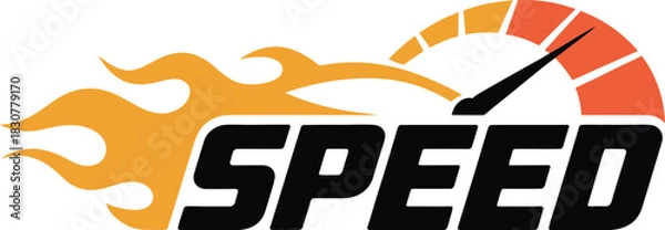 Fototapeta Speed word with flame and speedometer gauge vector logo icon
