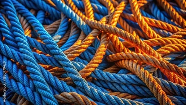 Obraz Intricate Tapestry of Sun-Drenched Blue and Amber Ropes, a Textured Study in Contrasting Hues and Intertwined Strands