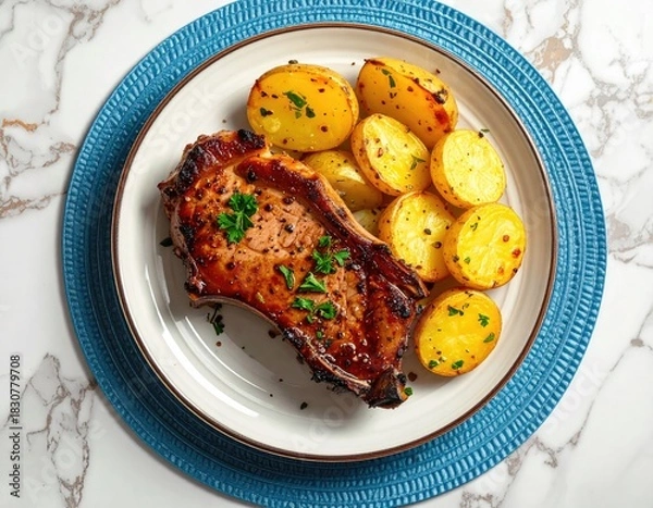 Fototapeta Pork chop and potatoes on a plate, delicious meal
