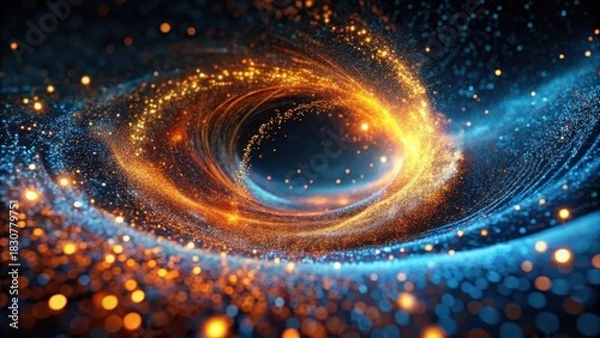 Obraz Abstract swirling vortex of luminous particles, an ethereal cosmic dance of vibrant orange and blue hues, creating a mesmerizing spectacle of light and energy.
