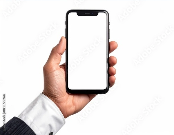 Fototapeta Hand holds blank screen phone, white isolated background