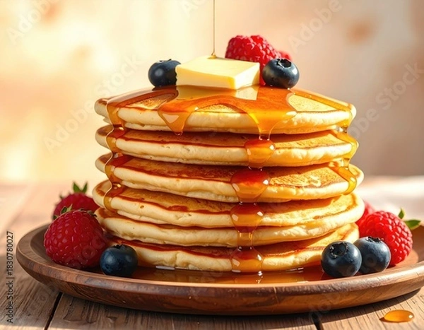 Fototapeta Stacked pancakes, syrup, berries, butter on wooden plate
