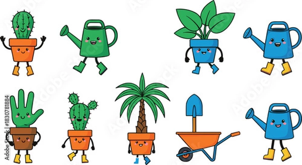 Fototapeta PrintSet of Cute Gardening Tools and Plant Characters Vector Illustrations, Featuring Cactus, Watering Cans, and Wheelbarrow with Funny Faces and Boots.
