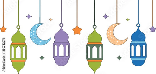 Fototapeta Minimalist Islamic Lantern Vector Illustration Set with Hanging Crescent Moons and Stars for Simple Ramadan, Eid, and Holy Night Decoration Banners.