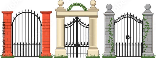 Fototapeta Set of Decorative Ornamental Gates and Arches Vector Illustrations, Featuring Wrought Iron Design with Brick, Stone, and Classic Pillar Architecture.