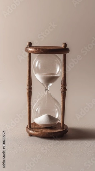 Fototapeta Antique style hourglass with white sand slowly trickling down against simple clean background symbolizing passage of time and patience for mindfulness meditation and slow living lifestyle philosophy.