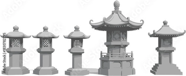 Fototapeta Set of Japanese Stone Lanterns (Toro) Vector Illustrations, Featuring Traditional Asian Temple and Garden Decoration, Isolated on White Background in Monochrome Style.